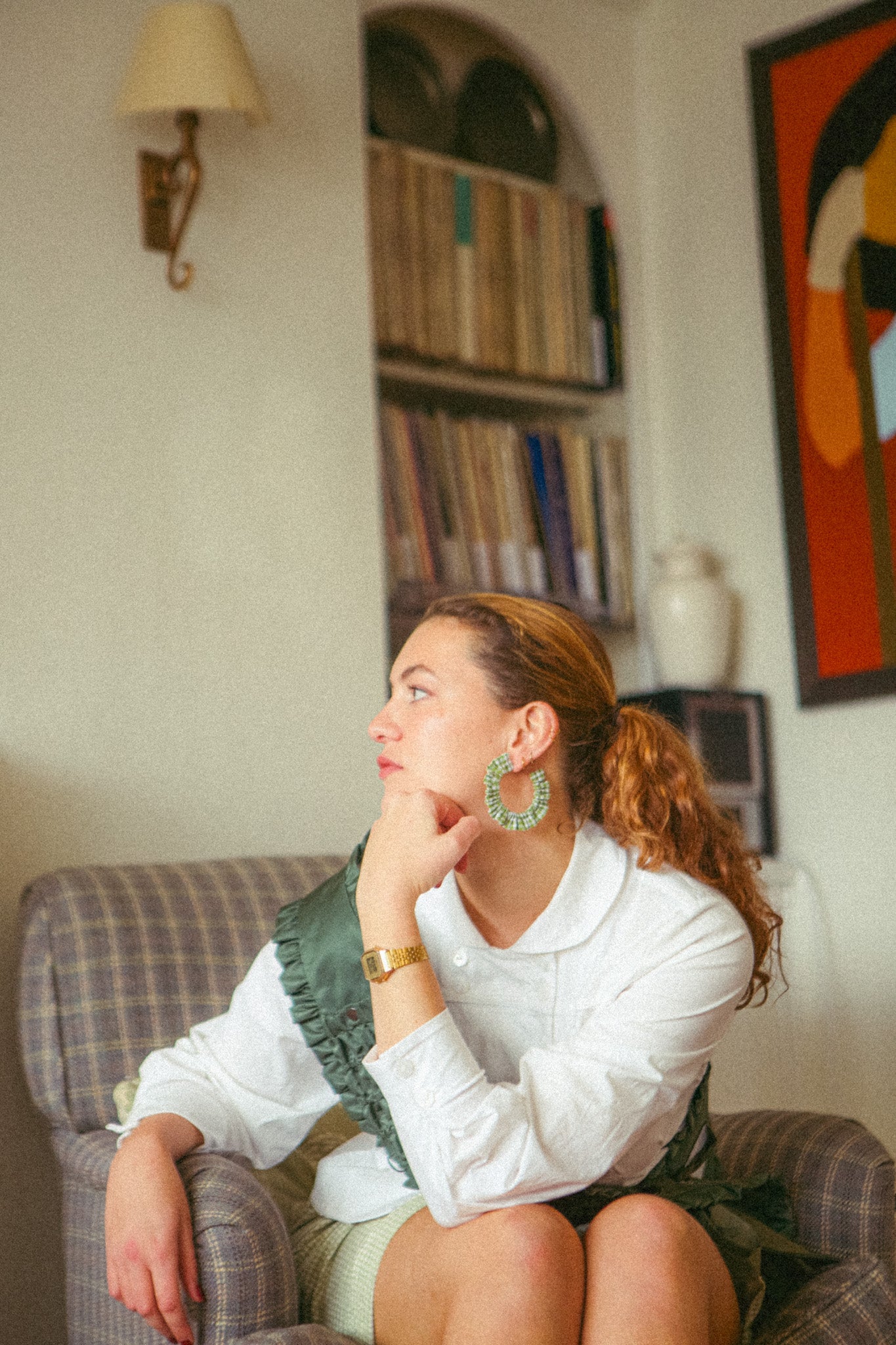 Cotton Scrunchie Earrings - Moss Green Gingham