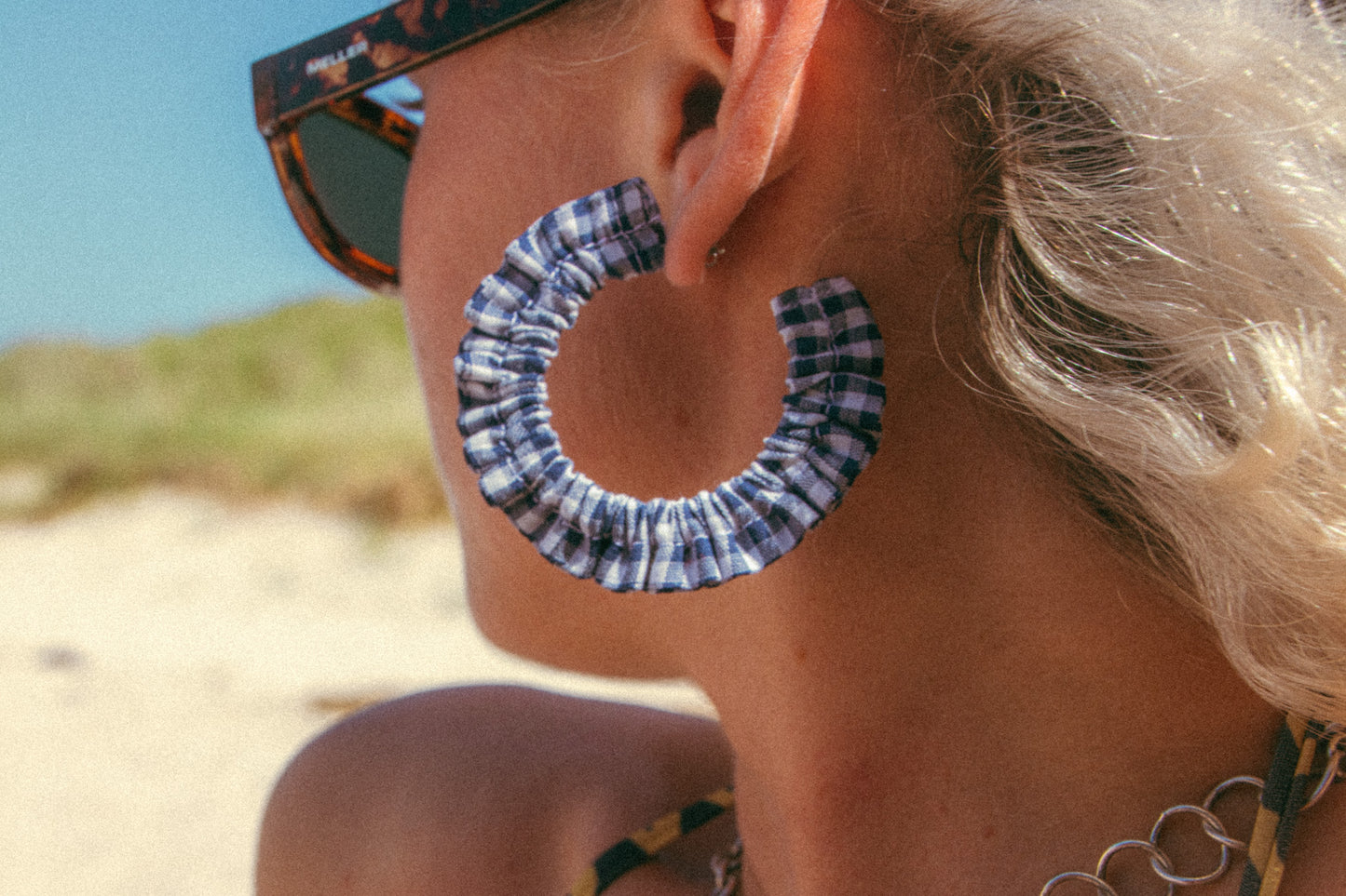 Cotton Scrunchie Earrings - Blue Gingham