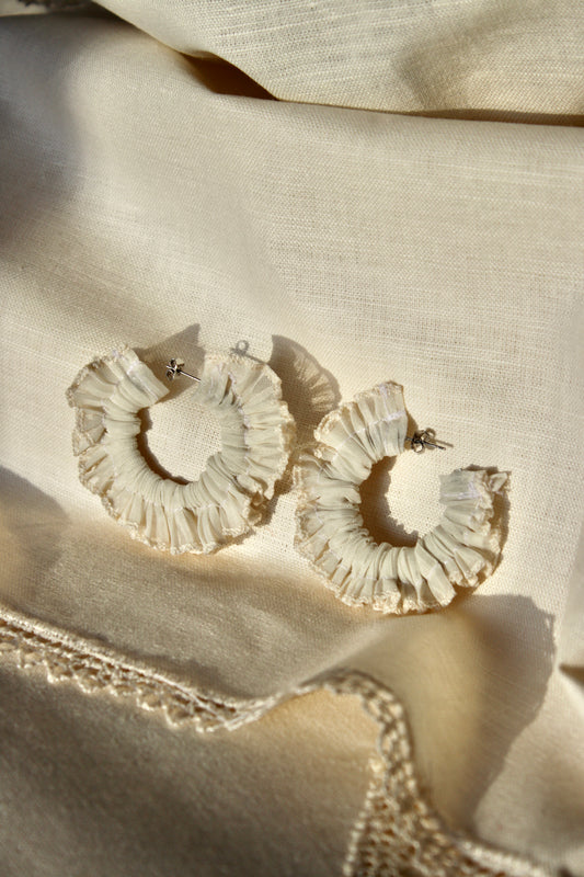Mesh Ruffle Scrunchie Earrings - Ivory - Small