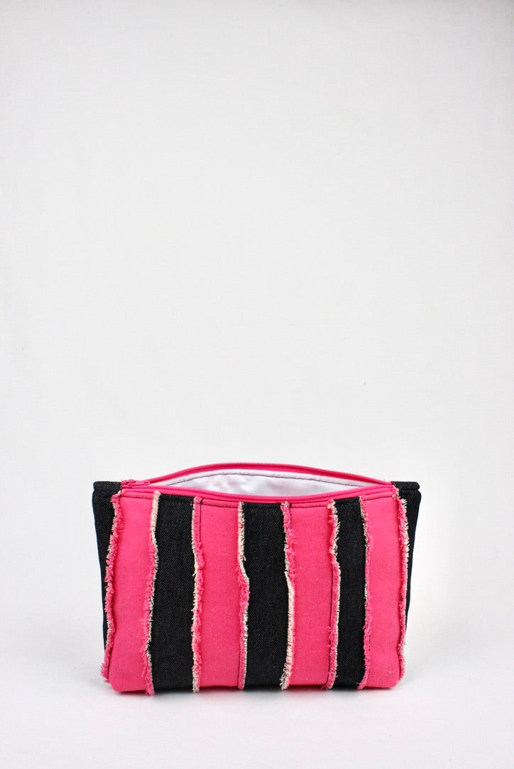Frayed Denim Pouch - pink and black