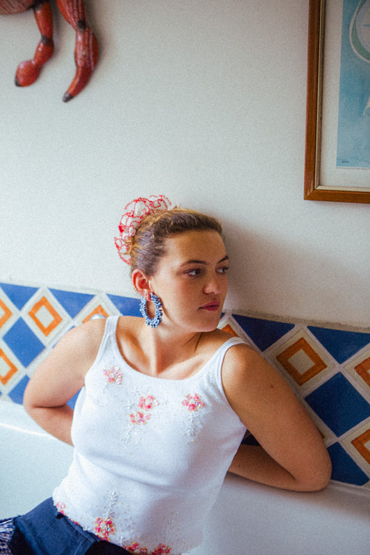 Cotton Scrunchie Earrings - Blue Gingham