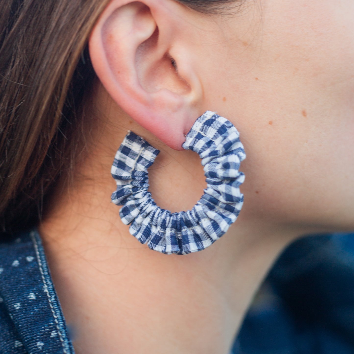 Small Blue Gingham Scrunchie Earrings