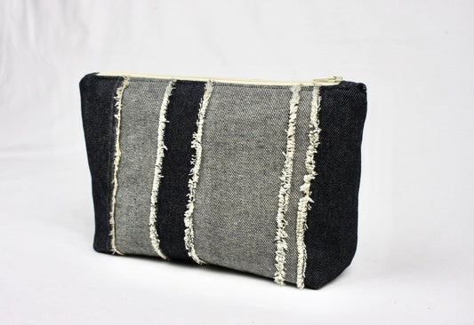 Frayed Denim Pouch - grey and black