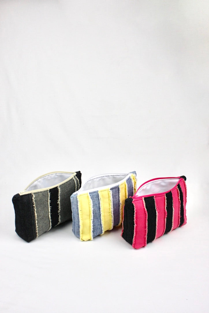 Frayed Denim Pouch - pink and black