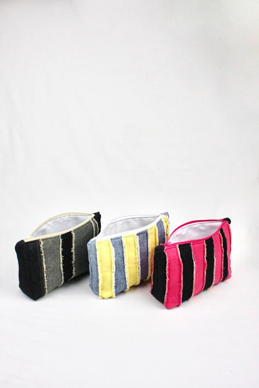 Frayed Denim Pouch - pink and black