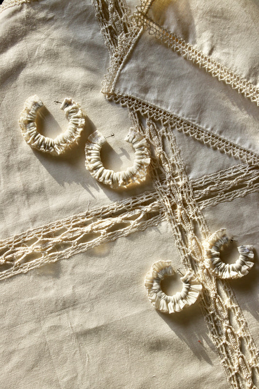 Mesh Ruffle Scrunchie Earrings - Ivory - Small