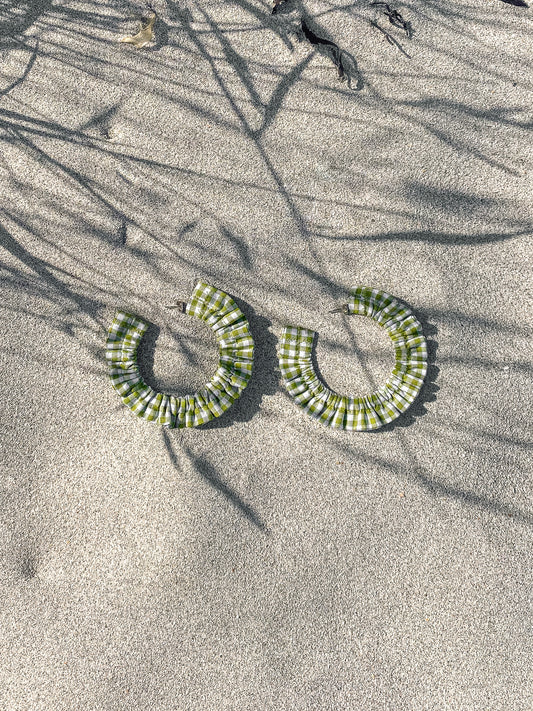 Cotton Scrunchie Earrings - Moss Green Gingham