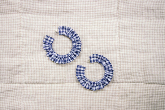 Cotton Scrunchie Earrings - Blue Gingham